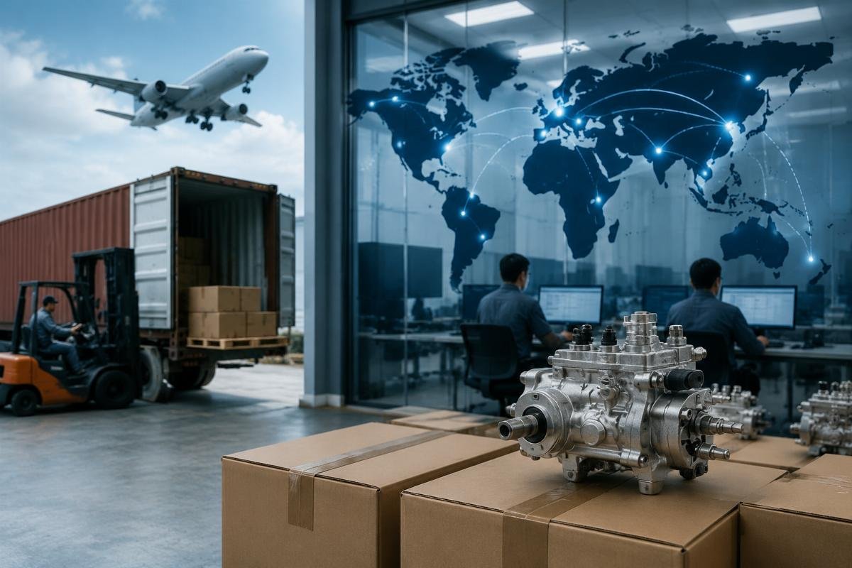 Global logistics network map showing fuel pump shipment routes