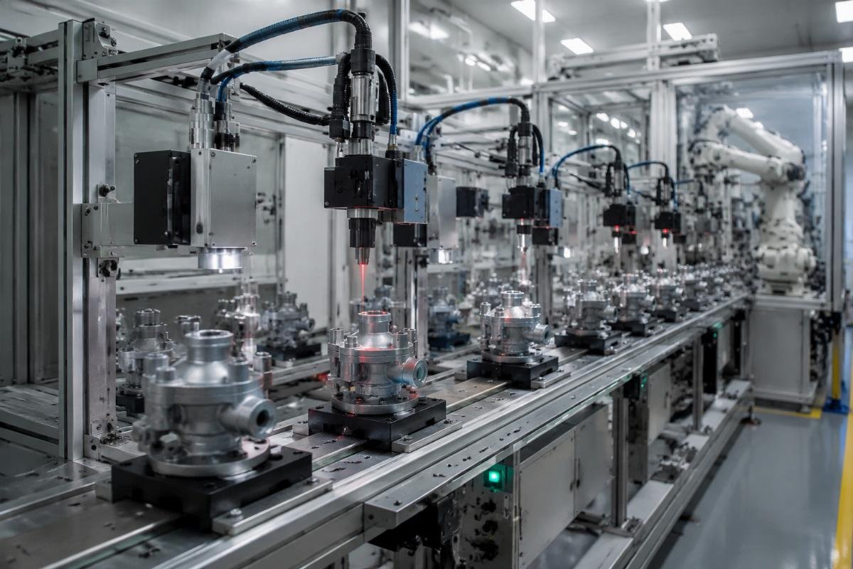 Automated fuel feed pump assembly line with laser measurement systems