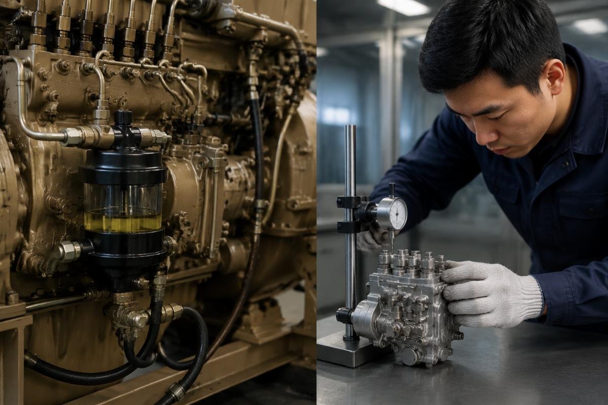 Marine engine fuel system installation showing suction pump integration