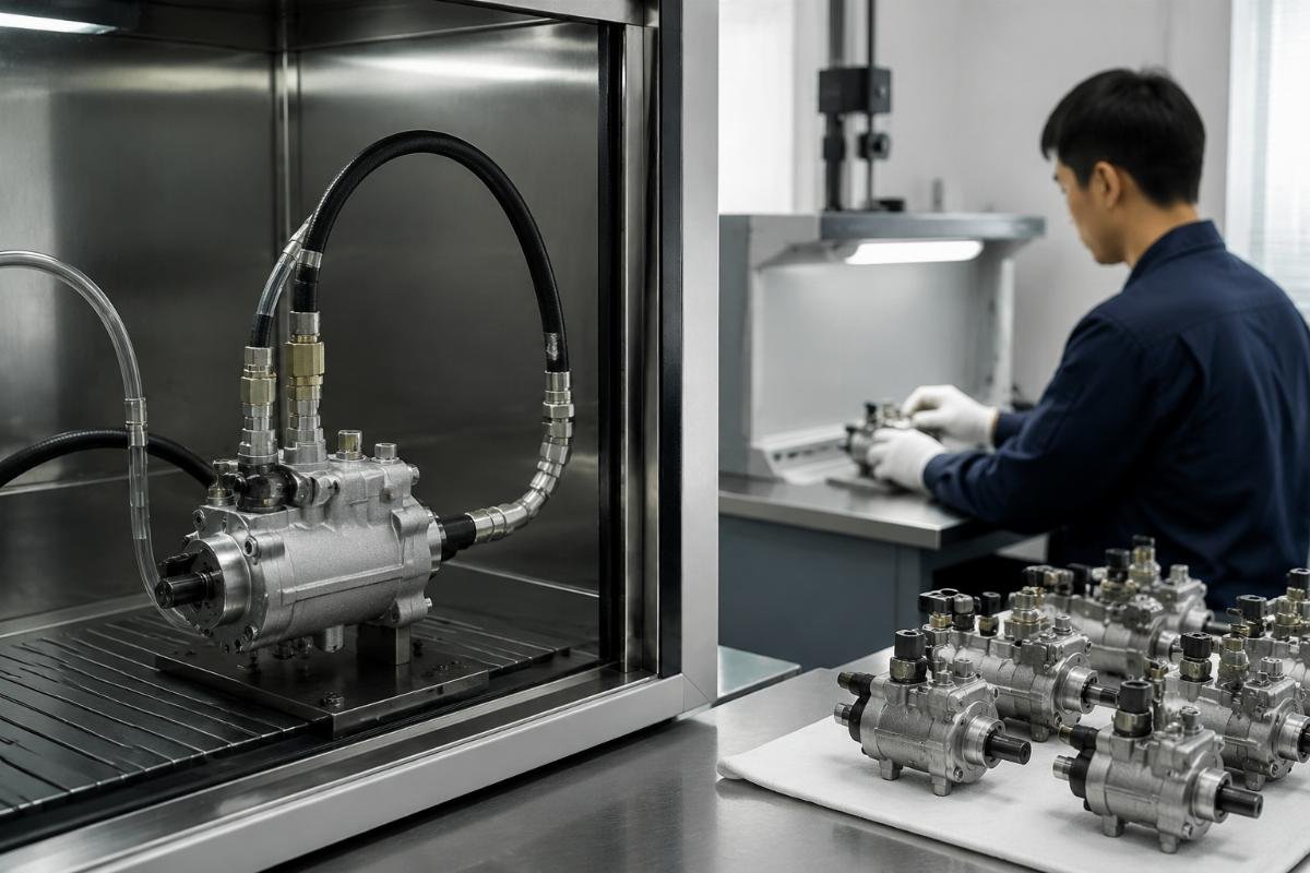 Fuel feed pump undergoing hydraulic pressure testing in lab