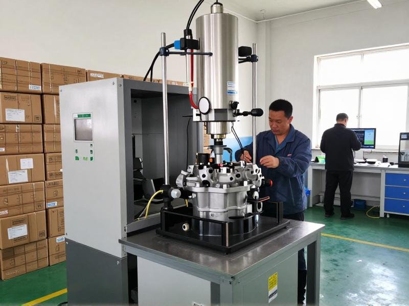 Fuel feed pump undergoing hydraulic pressure testing in lab