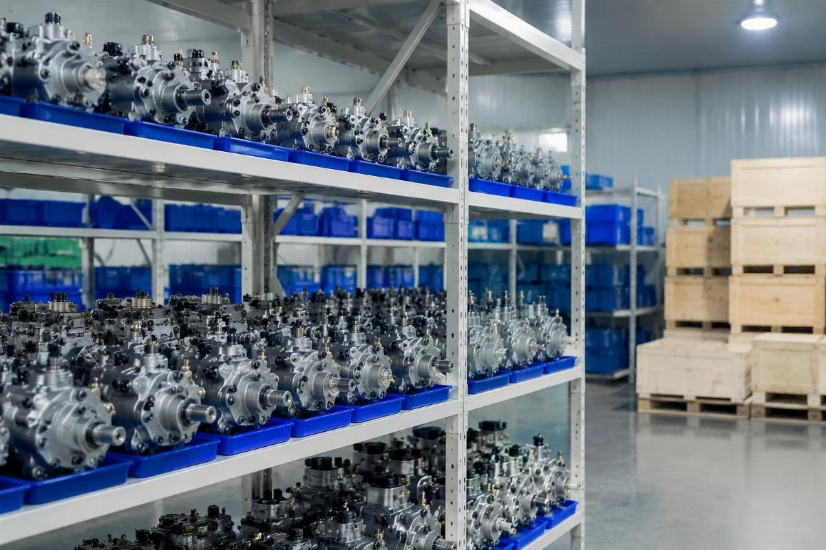 Pre-stocked fuel feed pump components in climate-controlled warehouse