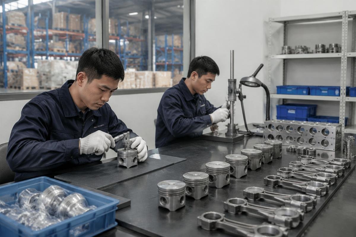 1 piece MOQ aftermarket parts verification Warehouse pre-shipment inspection station with technicians checking part parameters