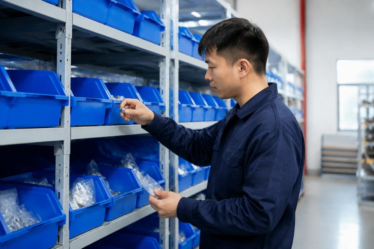 1-piece MOQ policy for Hitachi parts reduces small business inventory burden A staff member picking a single small part from a labeled inventory bin in a parts warehouse