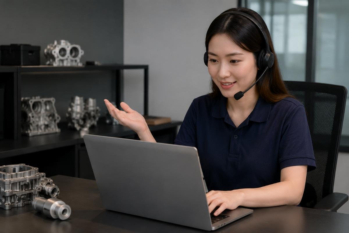 24/7 technical support for global Hitachi parts buyers A support team member responding to a customer query via a messaging platform on a laptop