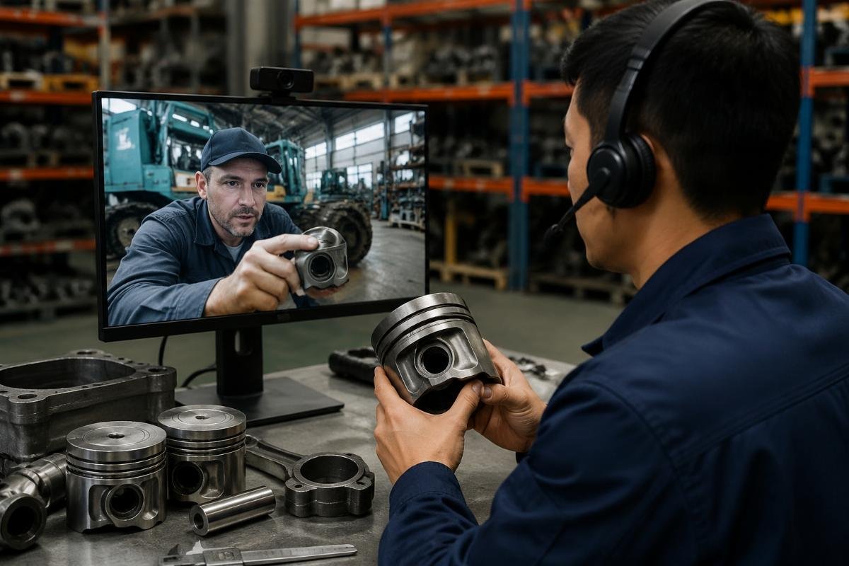 24/7 technical support for Kobelco part installation A technical specialist supporting a fleet operator via video call to verify SK350 part fit