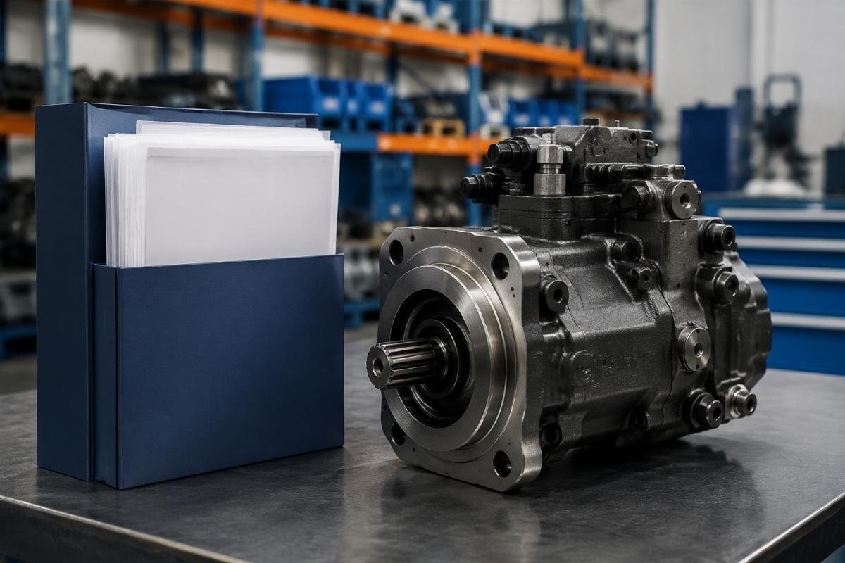 Supplier certification document folder next to a 320D hydraulic pump on a workshop bench