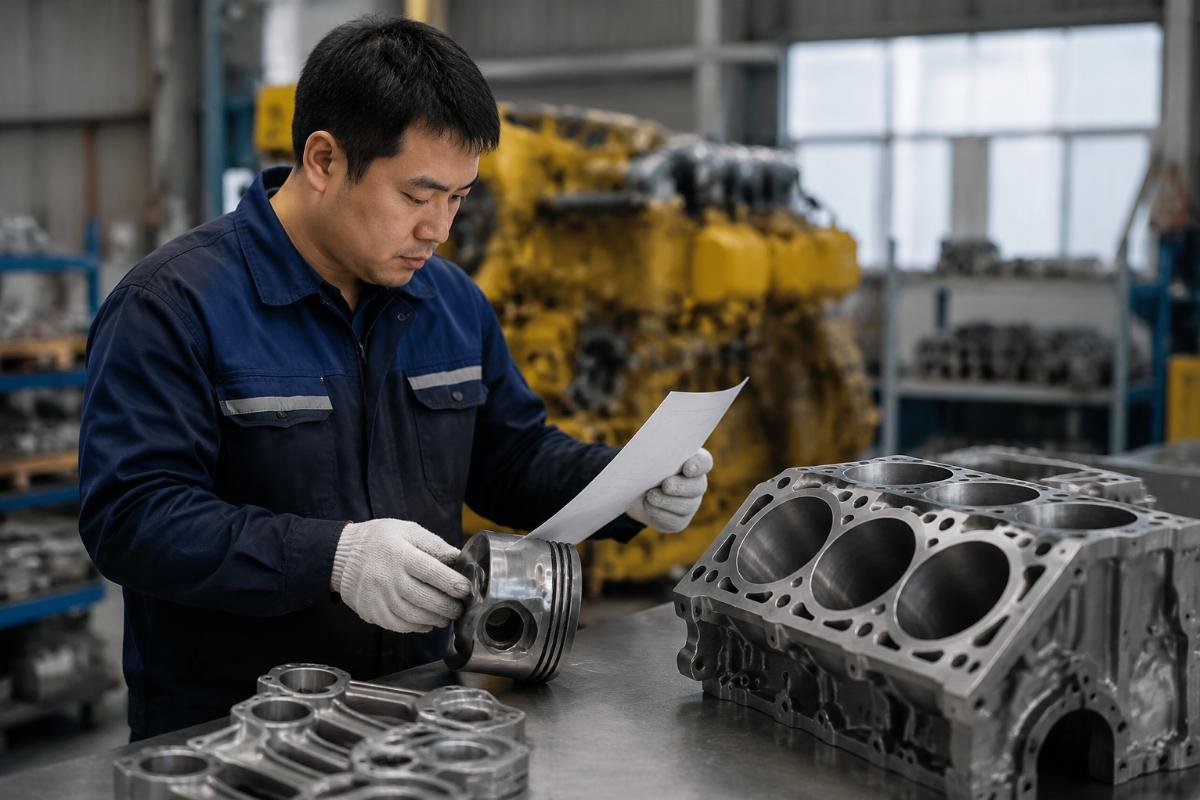 Technical specialist cross-referencing 320E engine part markings against a machine VIN document