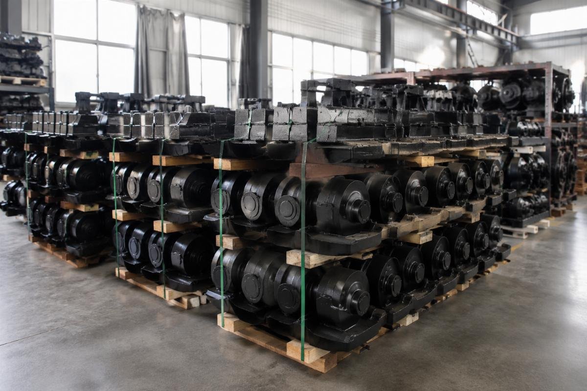 Warehouse inventory shot of stacked 320GC undercarriage parts ready for dispatch