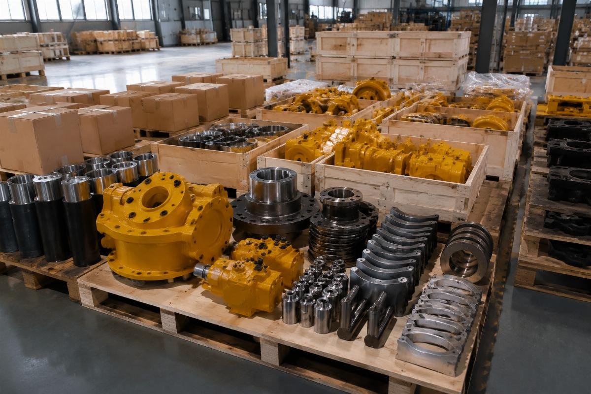 bulk JCB parts order for regional distribution Mixed batch of JCB and Komatsu aftermarket parts ready for distribution