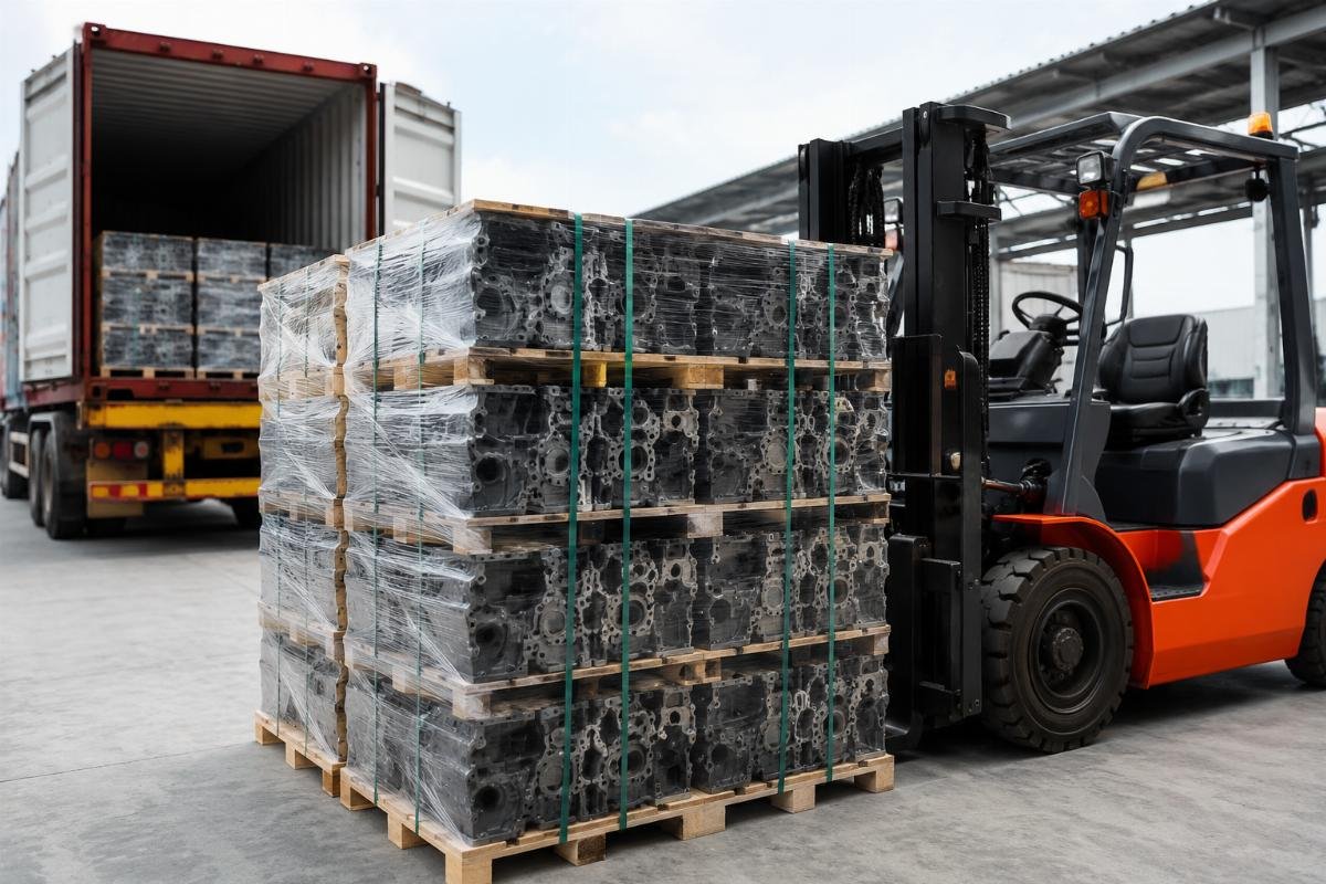 Bulk Yanmar parts shipment ready for global delivery Shipped pallet of construction parts labeled for international delivery at a freight terminal