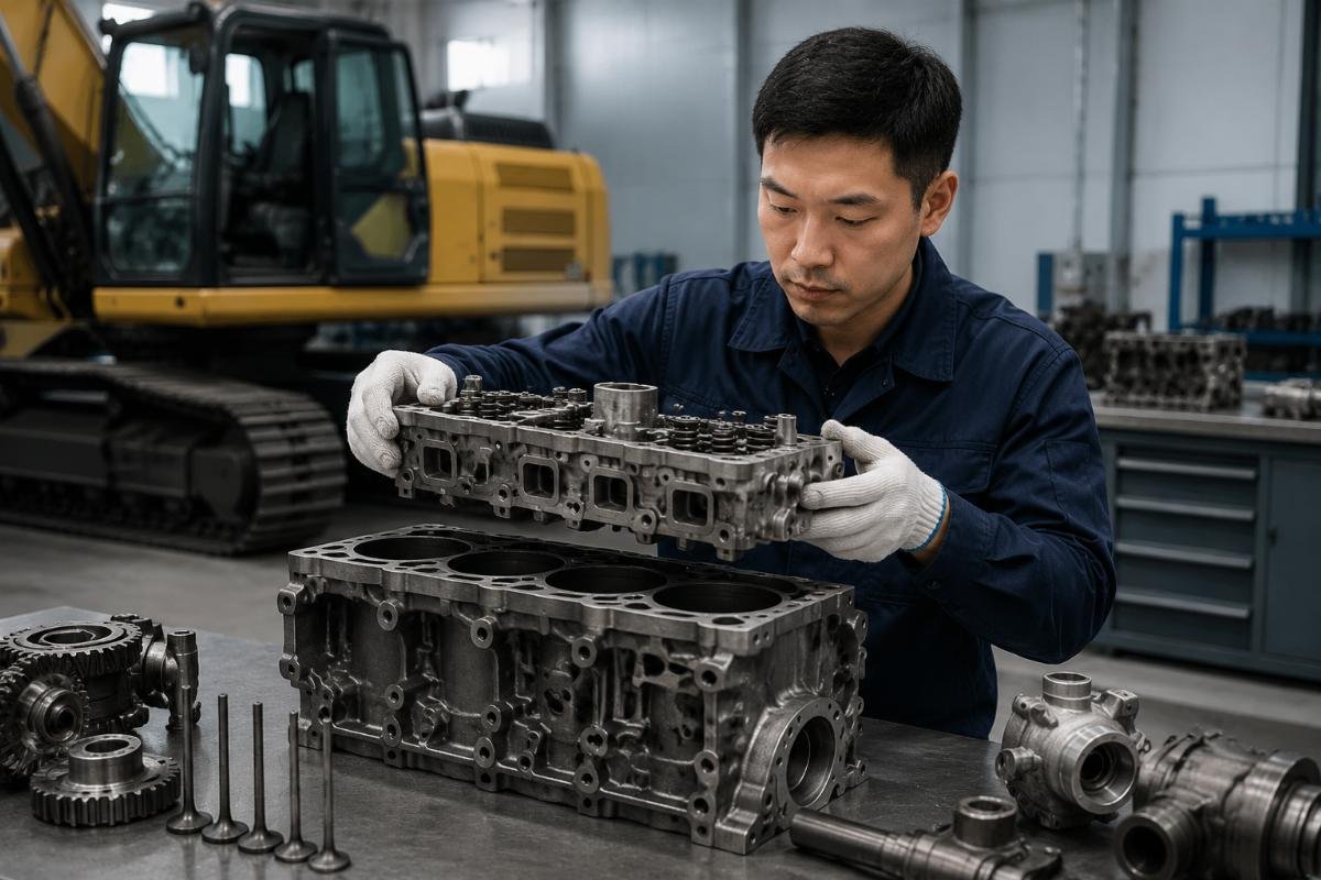 Case excavator part compatibility verification A technician confirming a Case CX350 engine part fitment on a workbench