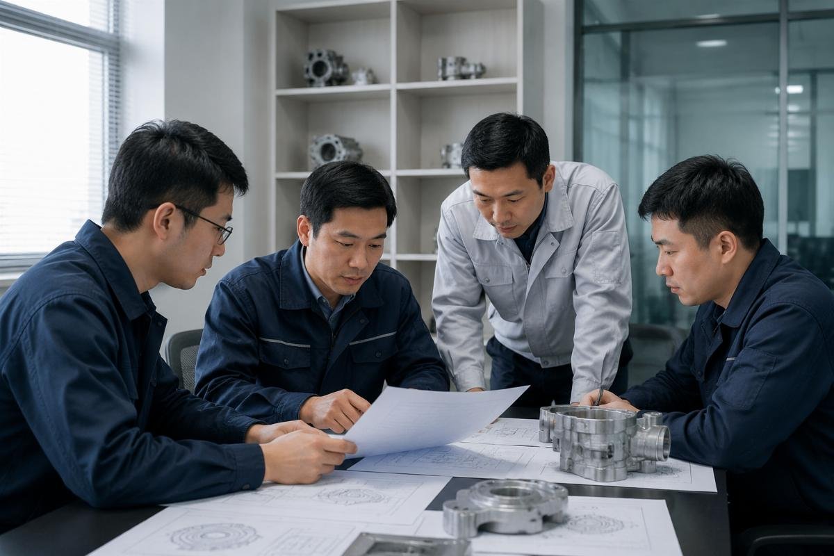 Case parts supplier qualification verification A team of technical specialists reviewing part compatibility documents at a supplier office