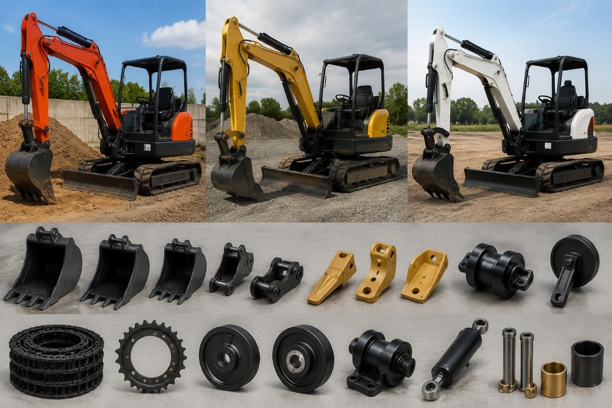 Three common mini excavator model lines (Kubota KX, CAT 301-308, Bobcat E Series) with labeled high-wear part components