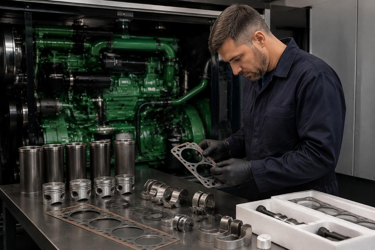 Compatibility verification process for John Deere parts Technical specialist verifying a John Deere overhaul kit against engine model specifications