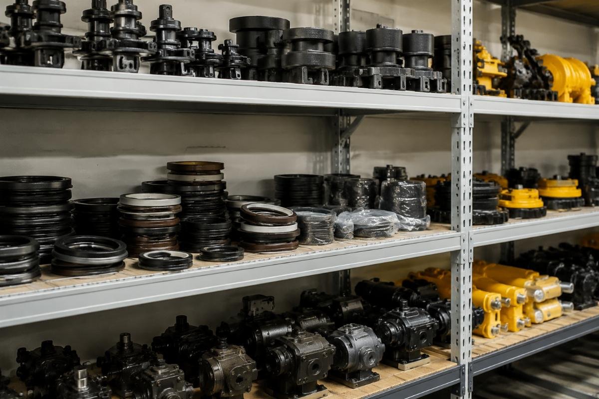 Core high-wear mini excavator part stock categories Warehouse shelf stocked with labeled undercarriage, engine seal, and hydraulic mini excavator parts