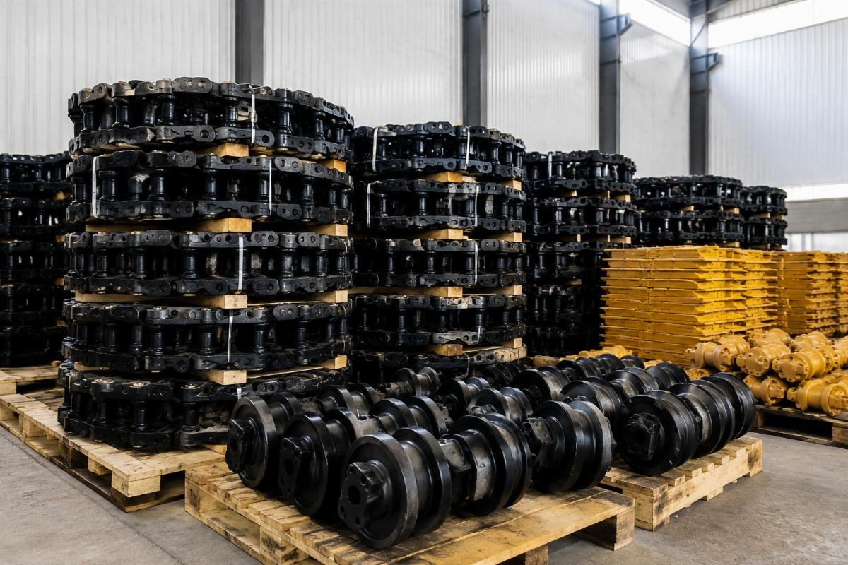 Core Hyundai excavator wear parts inventory Stacked sets of Hyundai R210, R220, R320 undercarriage parts labeled for global shipment