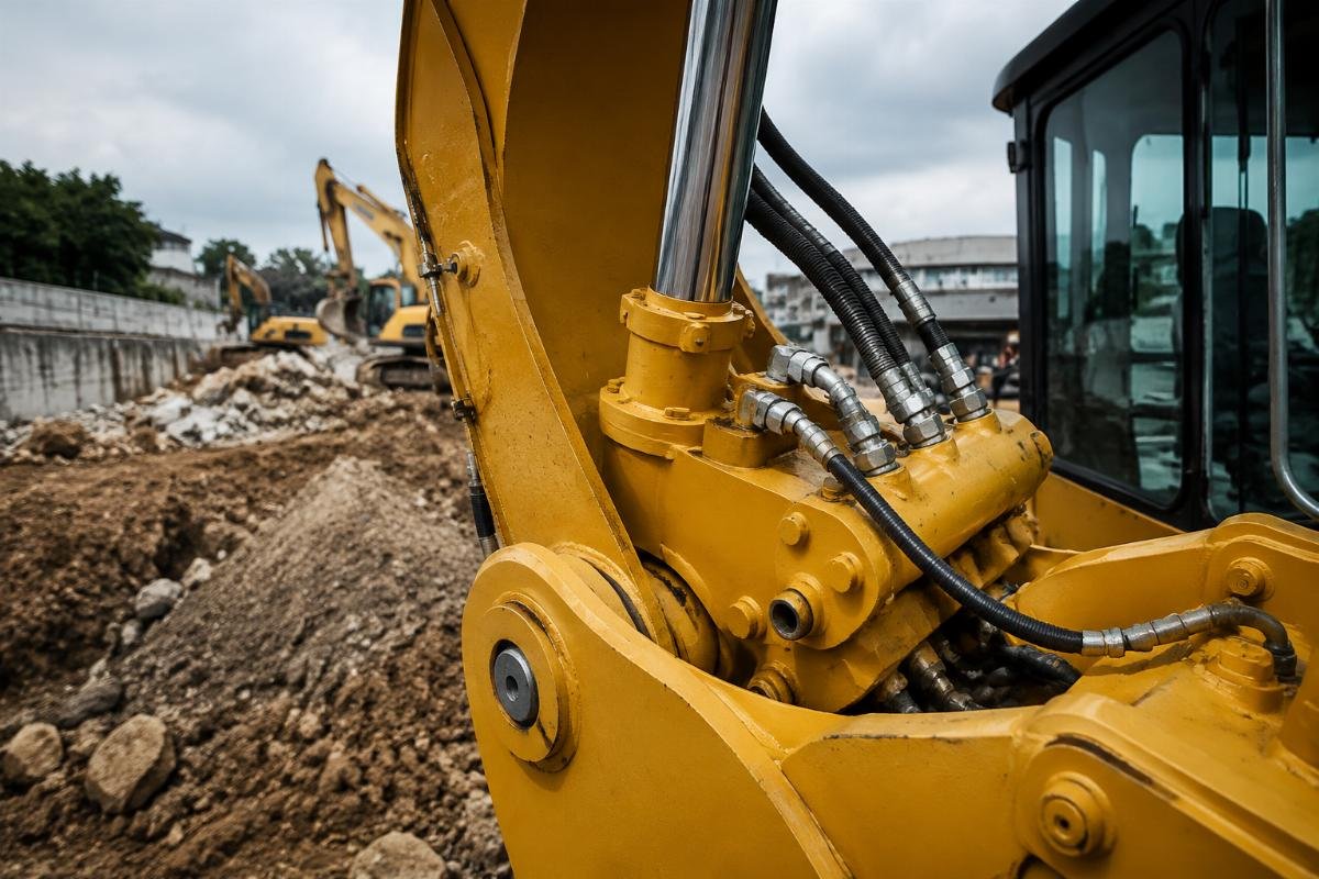 Correctly fitted CAT part on operational equipment CAT excavator hydraulic part being fitted to an active construction site machine