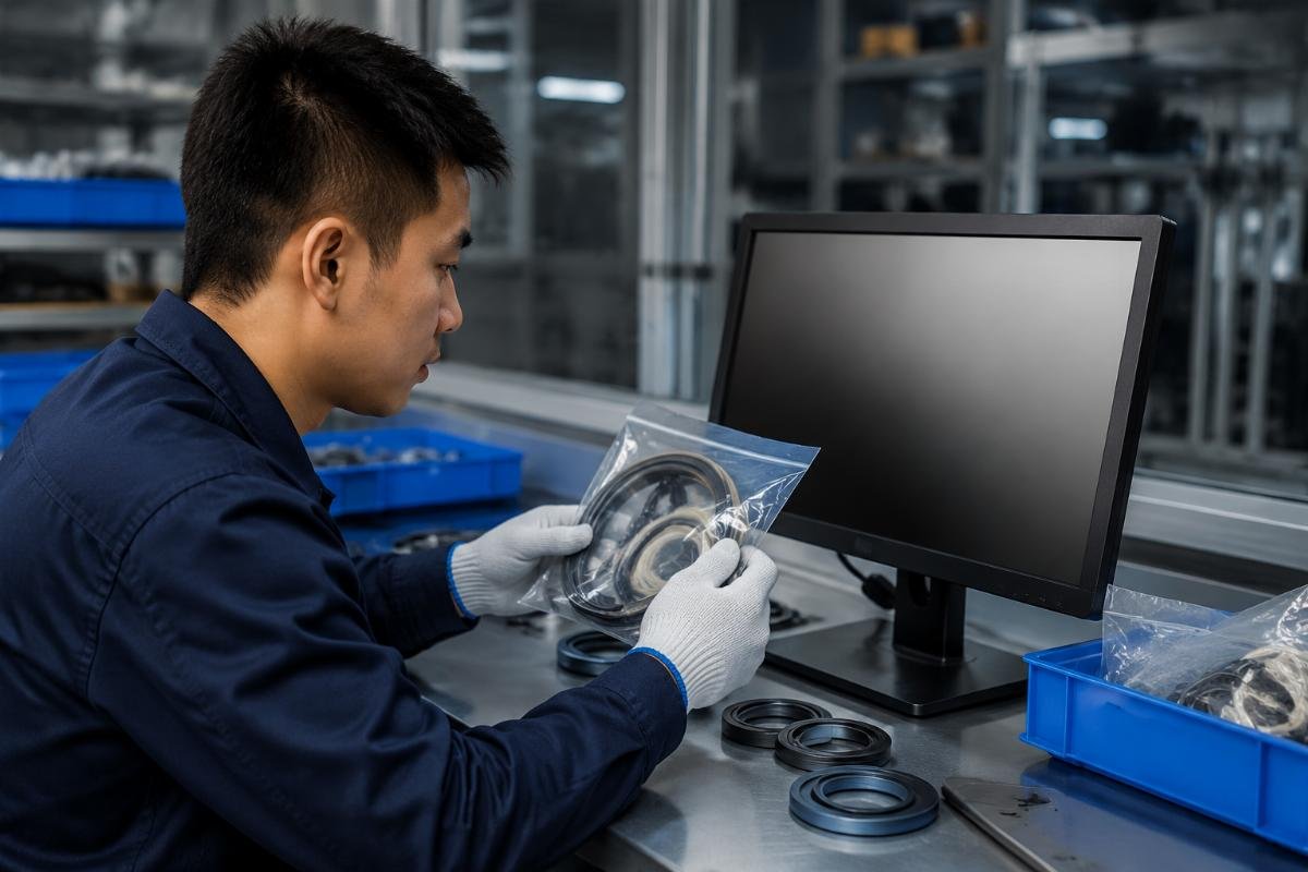 Doosan part compatibility verification process A parts technician matching a Doosan DX225 seal kit to a part number on a digital system