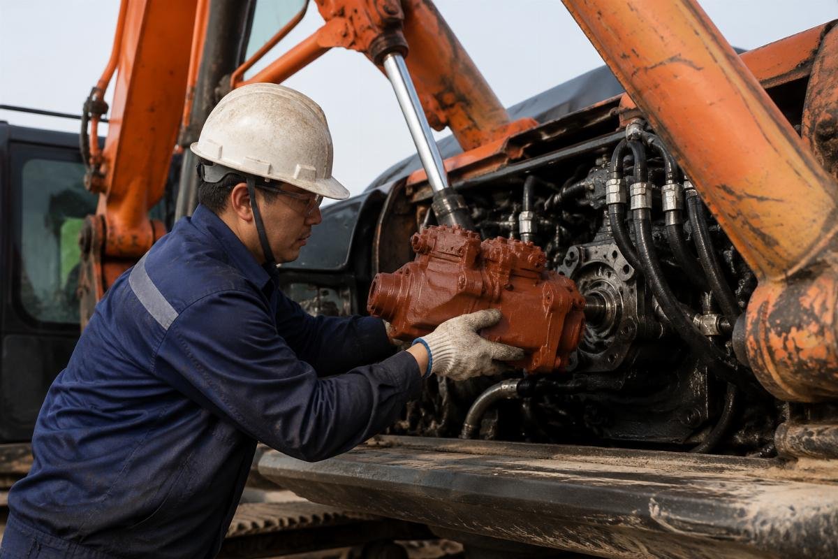Doosan part installation on heavy equipment A repair technician installing a new Doosan DX300 part on a jobsite