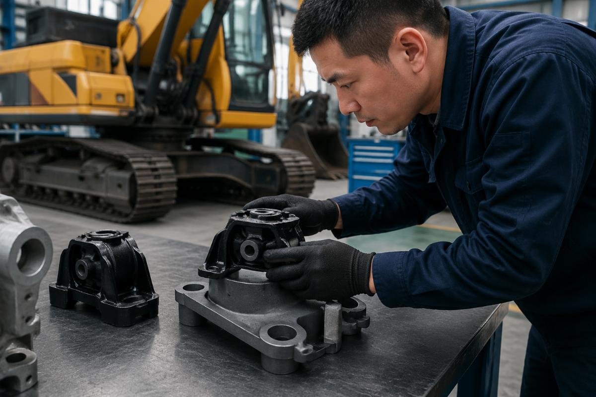 Excavator part compatibility verification process Technician verifying excavator engine mount fit on a service bench