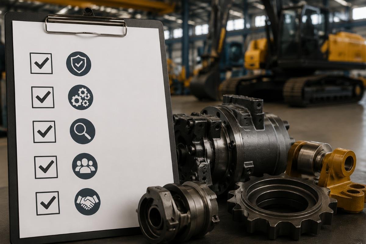 excavator parts supplier qualification checklist 2025 Checklist graphic showing the 5 key criteria for qualifying an aftermarket excavator parts supplier