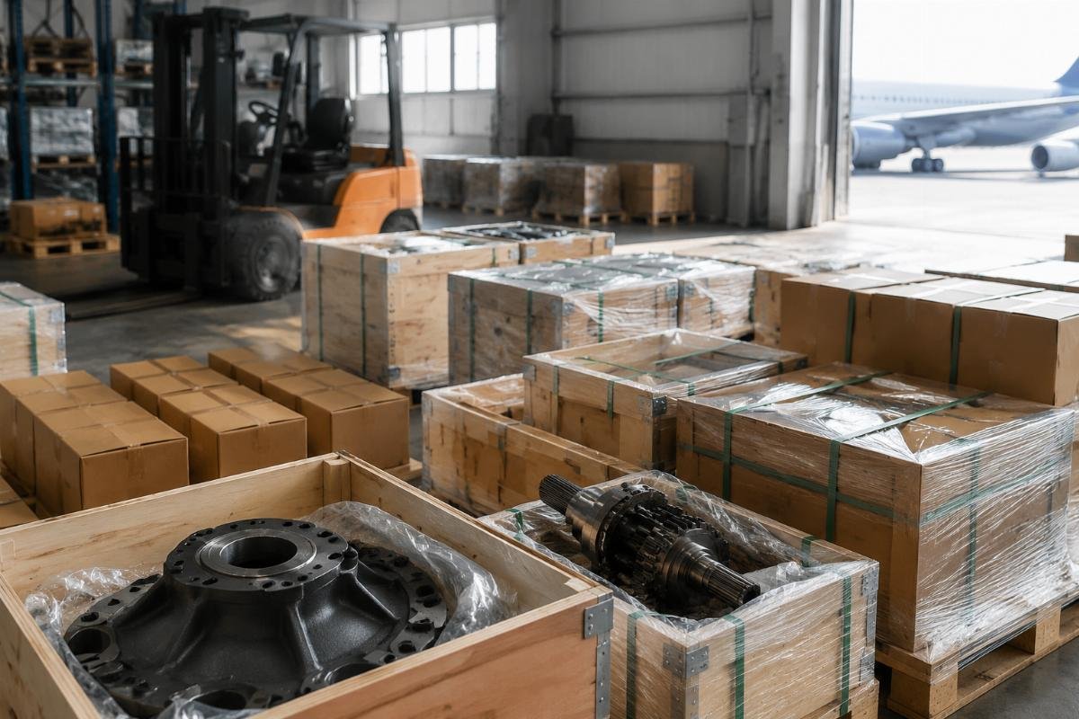 Fast dispatch process for Volvo EC360 aftermarket parts Shipping labels and packaged Volvo EC360 parts ready for air freight dispatch