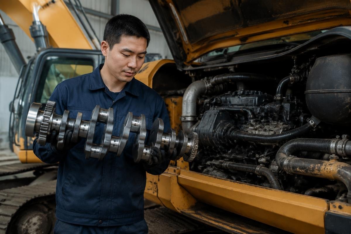 Fast dispatched Isuzu 6HK1 crankshaft for urgent repair A technician holding a newly delivered Isuzu 6HK1 crankshaft next to an excavator engine bay