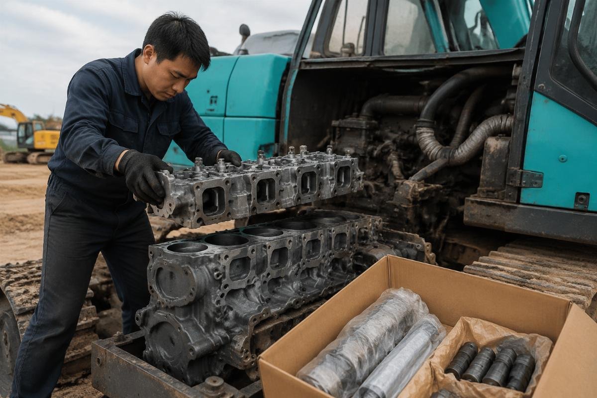 Fast Hino part delivery for urgent job site repairs Independent repair technician installing a Hino J08E cylinder head on a Kobelco excavator