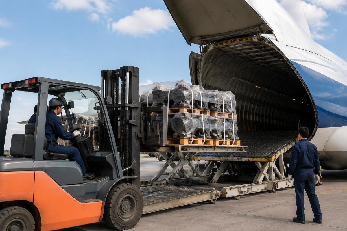 Fast international shipping for Case excavator parts A freight handler loading pallets of heavy equipment parts for international air shipment