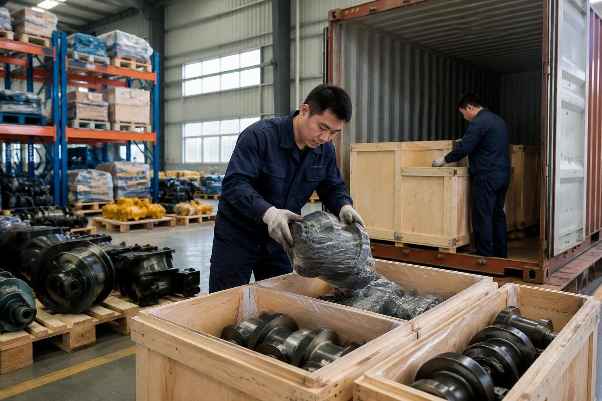 Fast international shipping for Komatsu PC200-8 parts Warehouse staff packing Komatsu PC200-8 undercarriage parts for international shipment