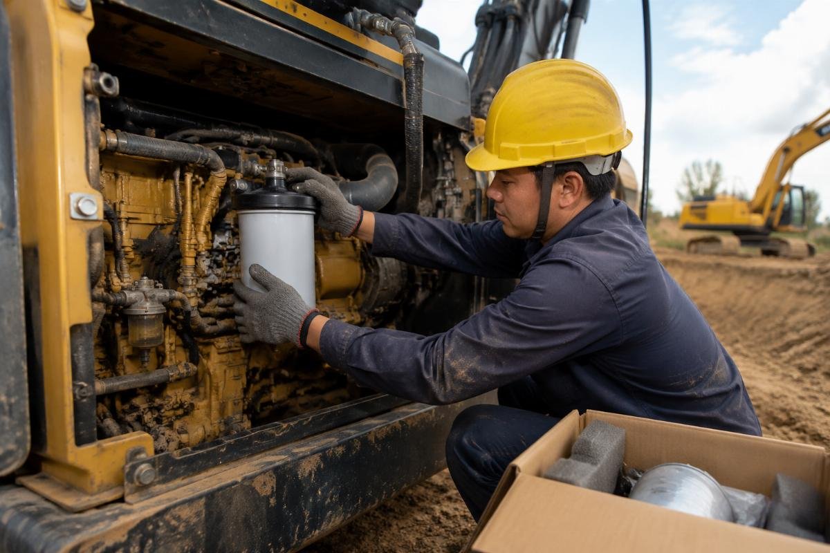 Fast part resolution for construction site downtime A construction site technician installing a verified SK200 engine part to resolve a breakdown