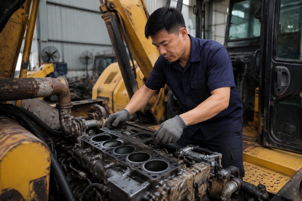 Fast replacement of Mitsubishi excavator engine parts reduces downtime A mechanic replacing a Mitsubishi S6S cylinder gasket on an excavator in a repair workshop