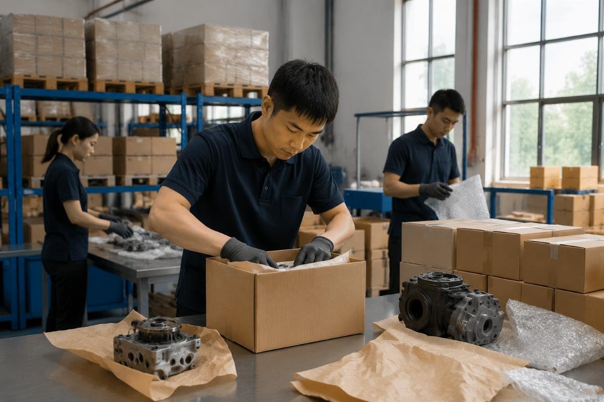 Fast small batch order dispatch from China warehouse Guangzhou warehouse team packing small batch excavator part orders for international shipping