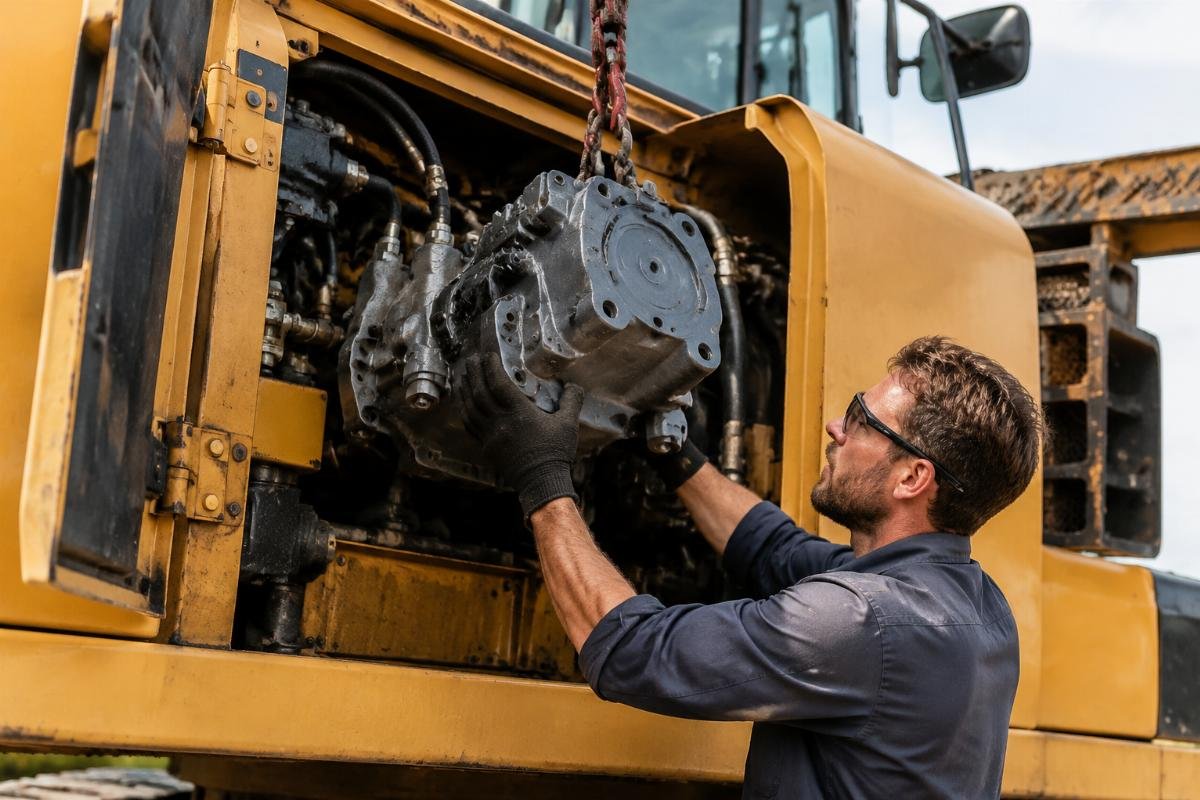 Independent repair technician installing a verified aftermarket Komatsu PC300 hydraulic pump on a job site