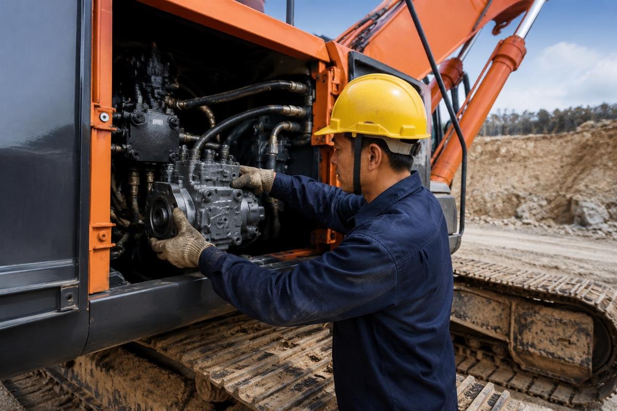Fast turnaround for ZX series hydraulic part replacement cuts site downtime A service technician installing a replacement hydraulic pump on a Hitachi ZX200 excavator at a construction site