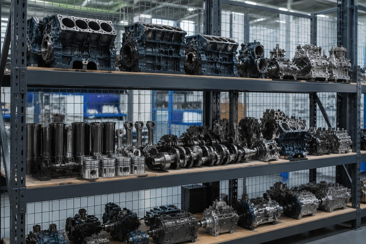 Kubota D902 V1505 V2403 V3307 engine parts laid out on a warehouse shelf