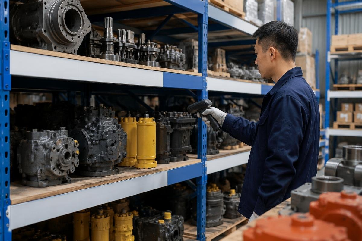 A warehouse shelf stocked with labeled Hitachi ZX series engine and hydraulic parts, with a staff member scanning part labels for dispatch