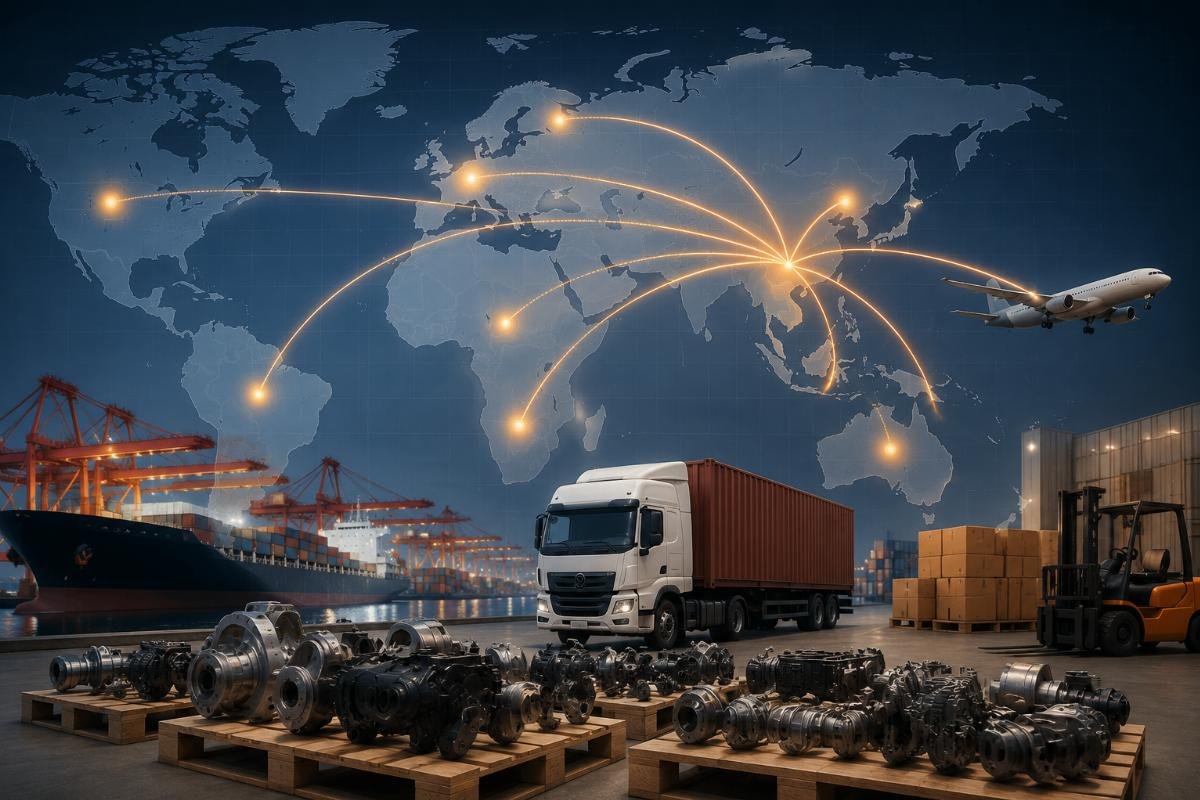 Global delivery timelines for China-sourced mini excavator parts Global delivery route map highlighting 2-5 day delivery lanes for mini excavator parts from Guangzhou, China