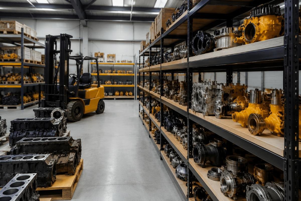 Guangzhou supplier warehouse for JCB aftermarket parts XUNPO Machinery parts warehouse with organized JCB aftermarket parts shelves