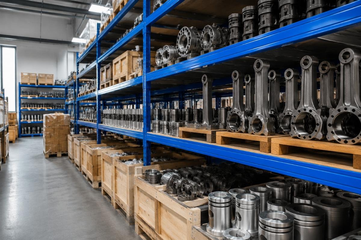 Guangzhou supplier warehouse inventory for heavy equipment parts Guangzhou XUNPO warehouse inventory with labeled parts shelves
