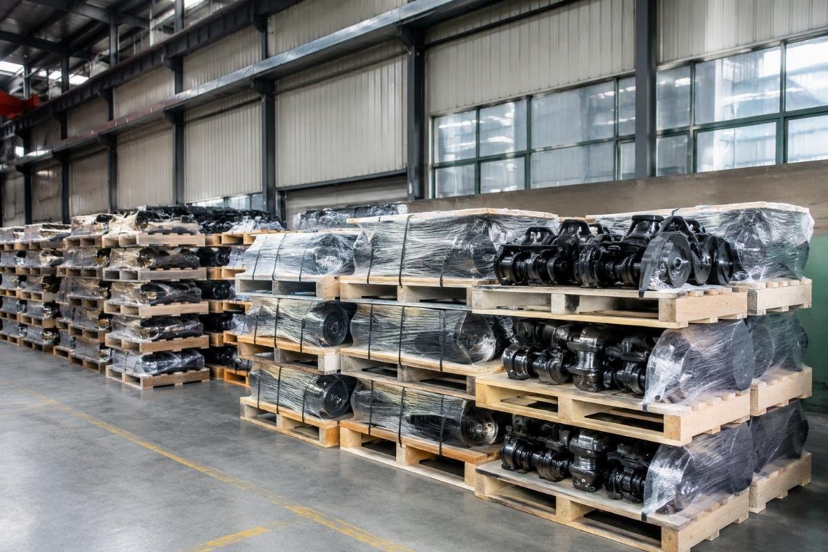 Guangzhou warehouse stock for Hyundai excavator parts Stacked pallets of Hyundai R210, R220, R320 parts ready for international shipping