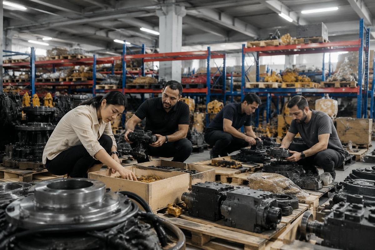 Global buyers sorting Hyundai R210, R220, R320 engine and undercarriage parts at a Guangzhou warehouse