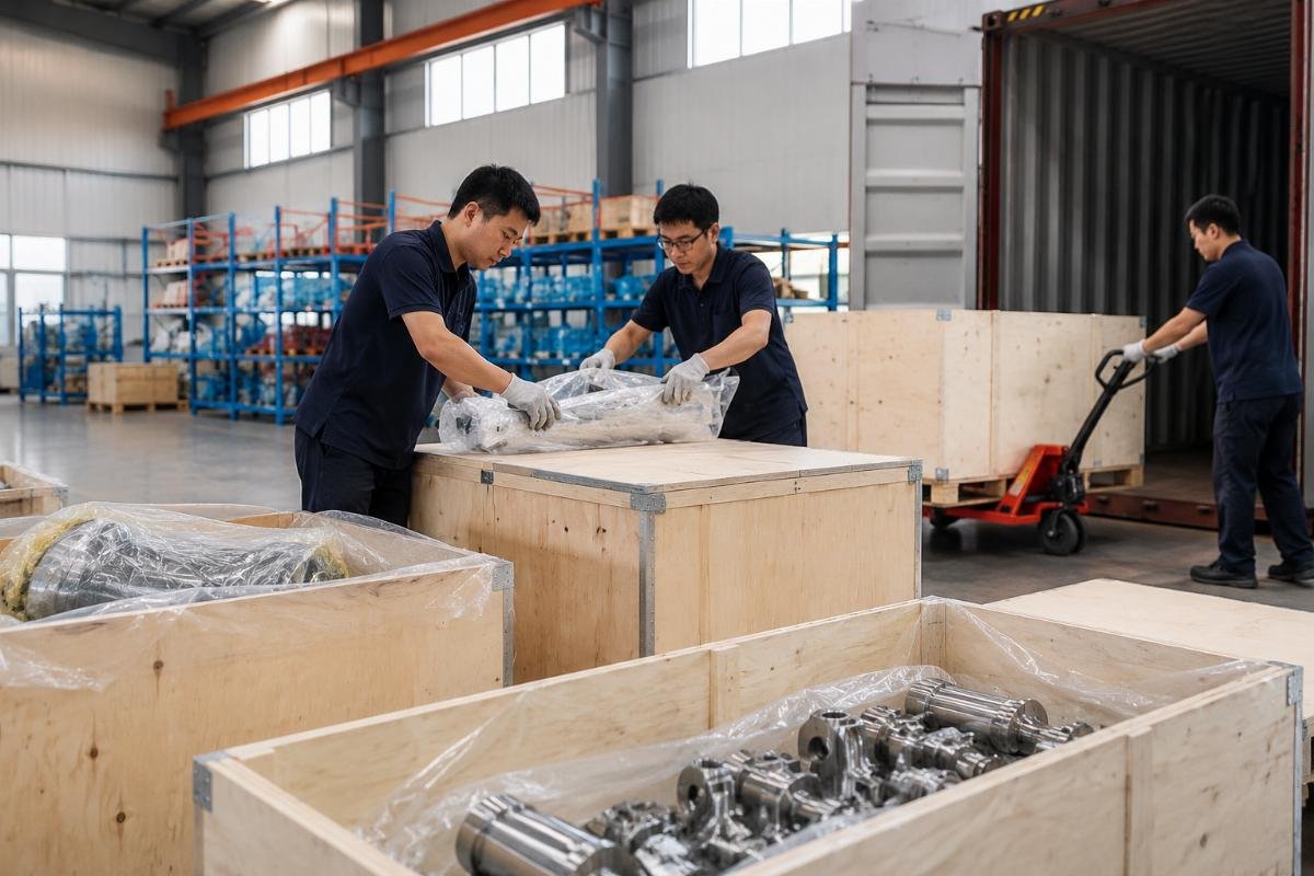 International parts shipping from Guangzhou warehouse A team of warehouse staff packing Doosan parts for international shipment