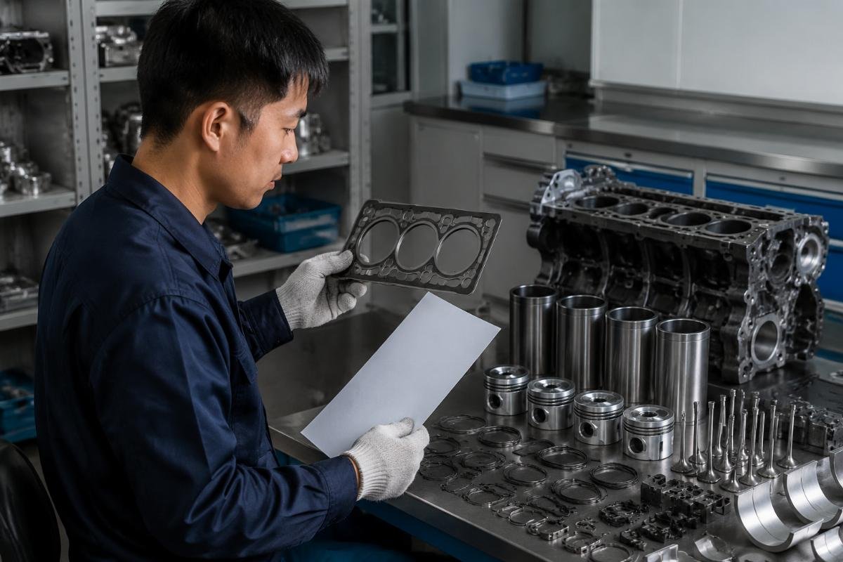 Isuzu 4HK1 part compatibility verification process A technician matching a labeled Isuzu 4HK1 overhaul kit to a printed part number list