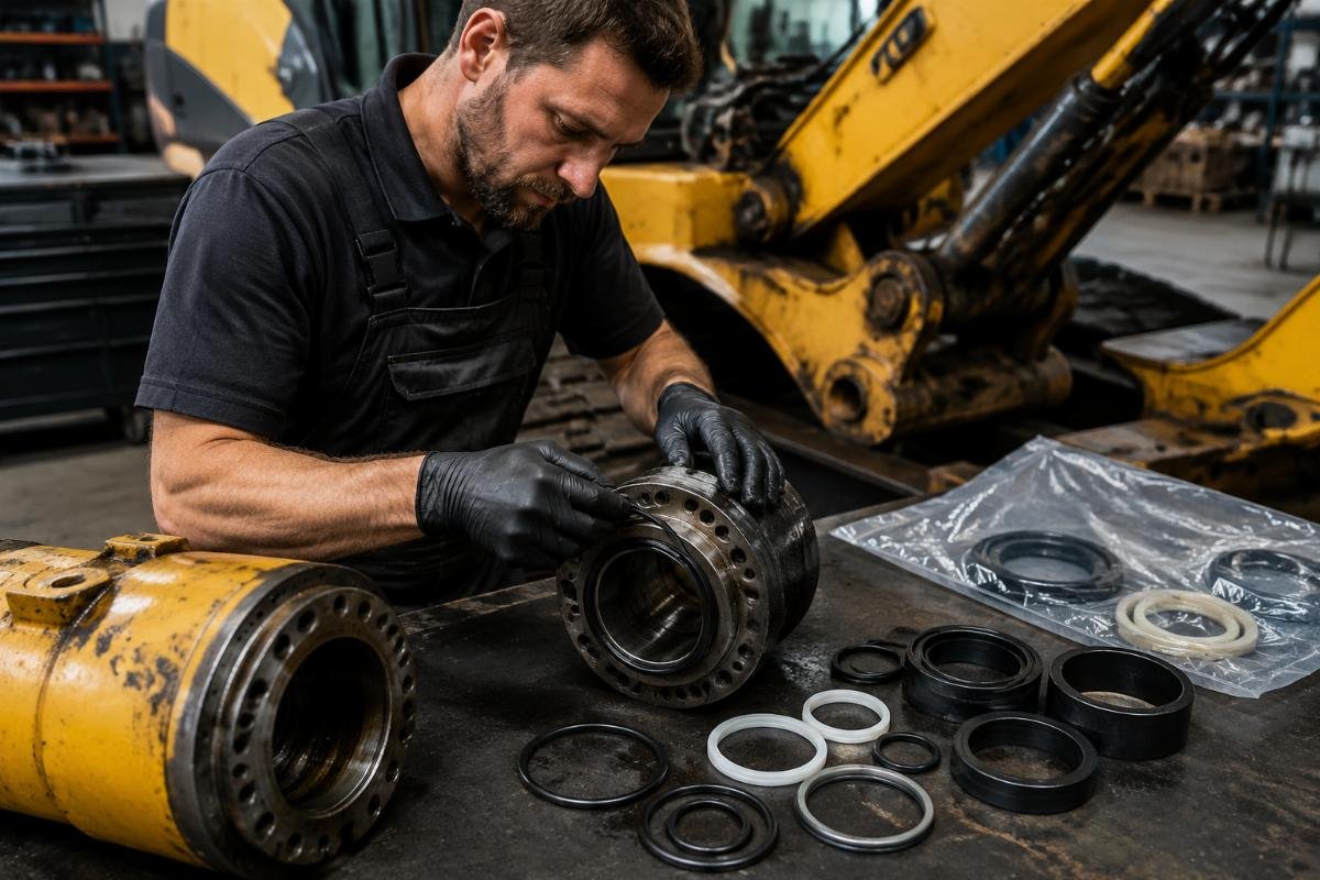 JCB JS220 repair with aftermarket parts Independent repair technician installing JCB JS220 aftermarket seal kit