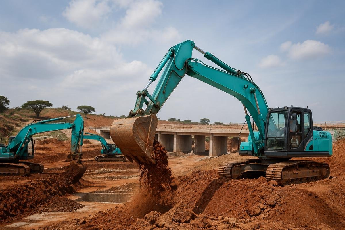 Kubota powered excavators active on a construction project A construction fleet of excavators on an African infrastructure job site