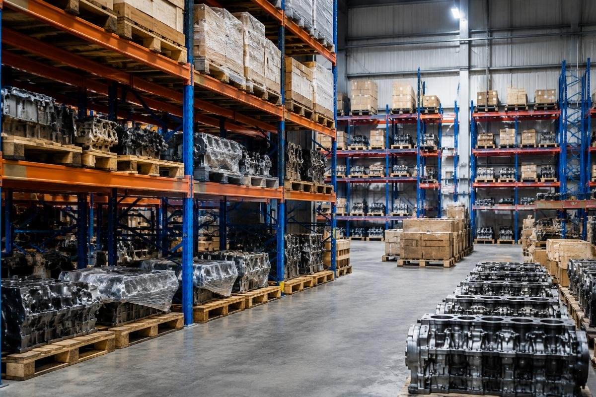 Large in-stock inventory of Mitsubishi engine parts for fast dispatch Warehouse storage racks holding stacked excavator engine part SKUs