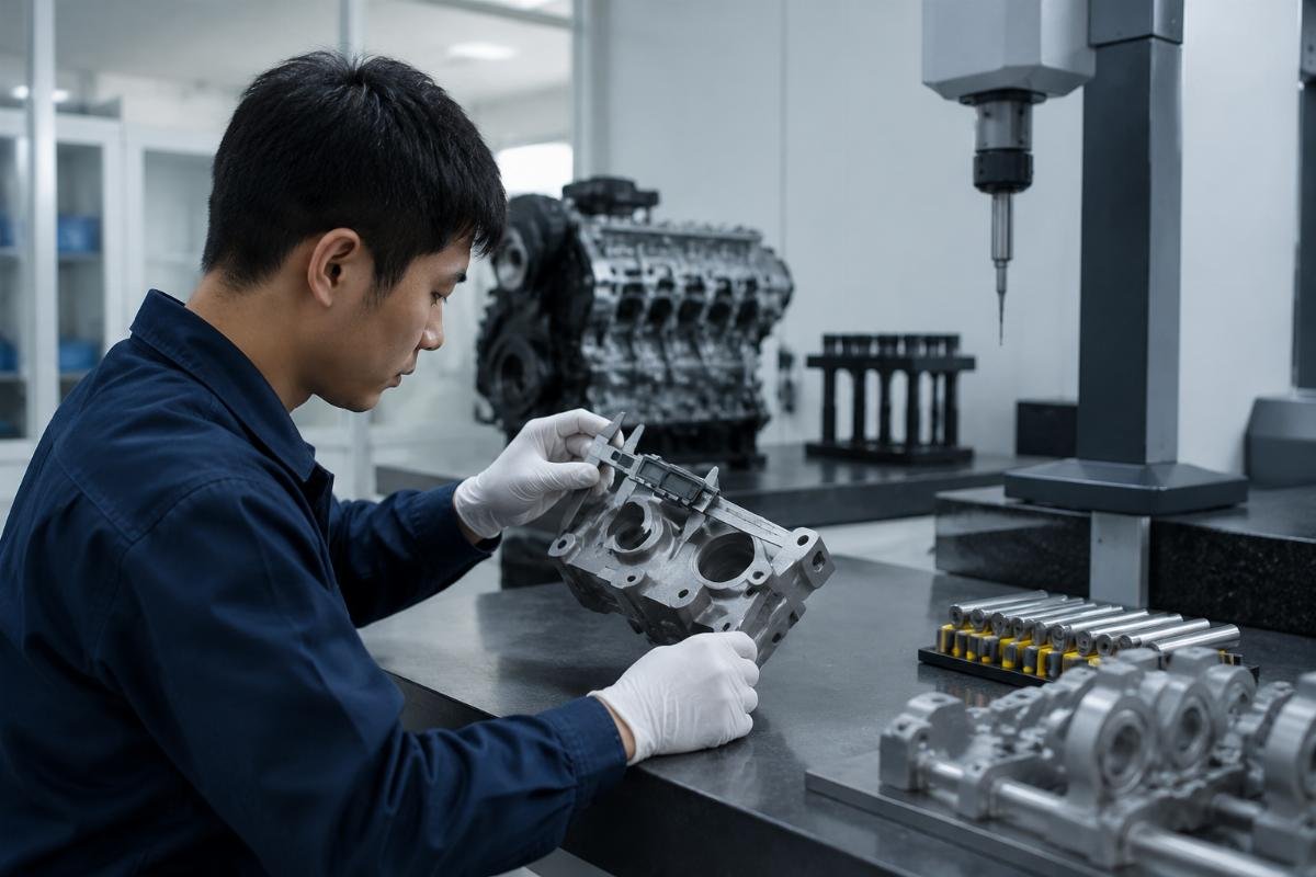Liebherr part compatibility verification process Technical specialist verifying Liebherr part dimensions against factory specifications