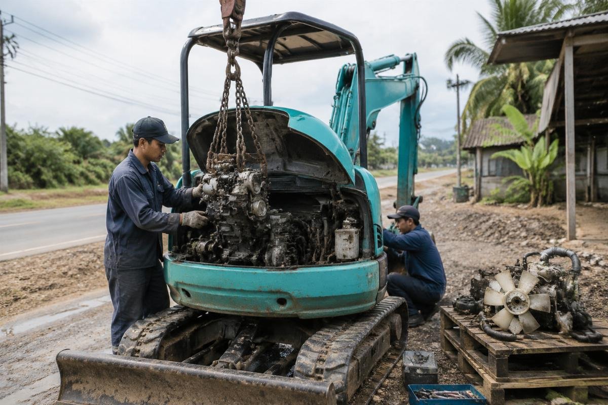 Mini excavator engine replacement with verified Yanmar parts Mini excavator undergoing engine repair at a roadside job site in Southeast Asia